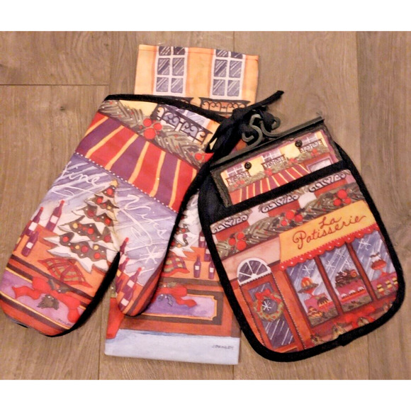 J. Brinley La Patisserie Deli Christmas Oven Mitt Trivet Wine Bag 4 Pc Set NWOT - Picture 1 of 5